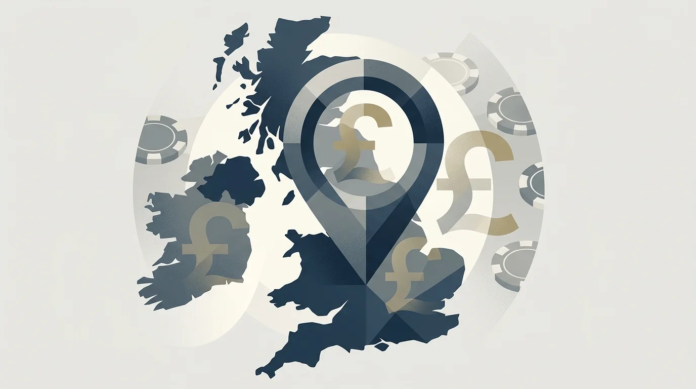 Abstract United Kingdom map-pin and pound sterling casino evaluation concept
